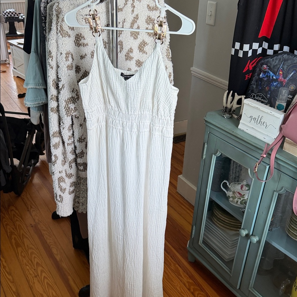 Boston Proper White Smocked V-Neck Maxi Dress with Adjustable Straps